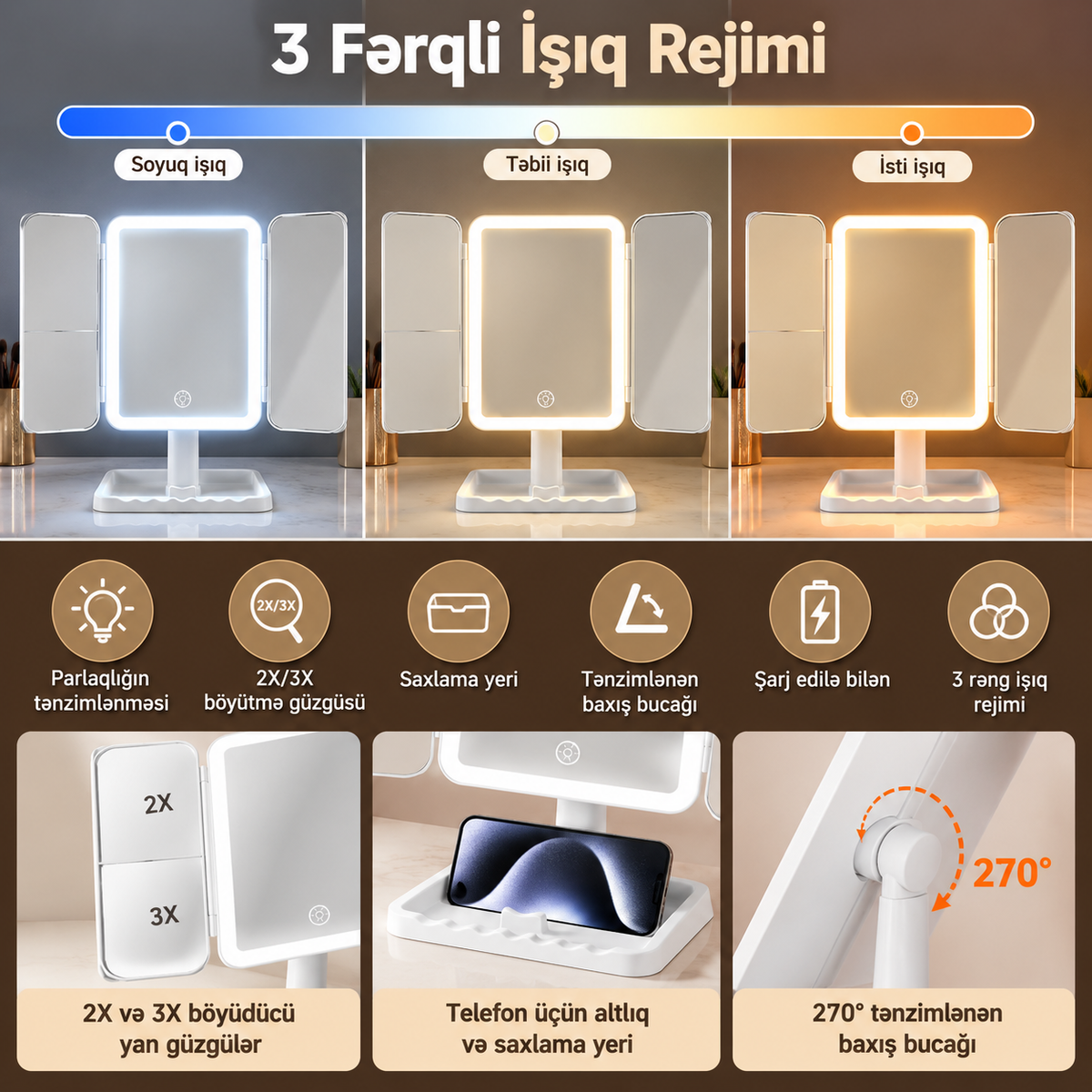 3 Hissəli LED Makiyaj Güzgüsü