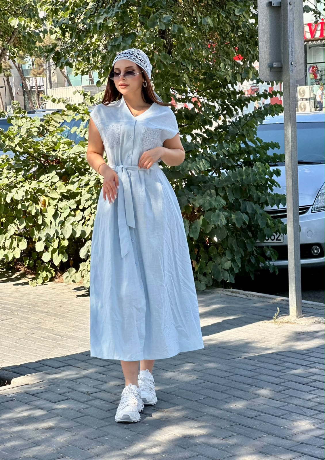 Zərif Kəmərli Uzun Yay Donu – Açıq Mavi