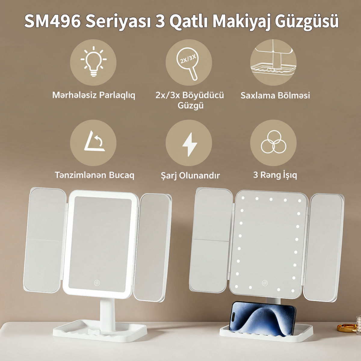 3 Hissəli LED Makiyaj Güzgüsü