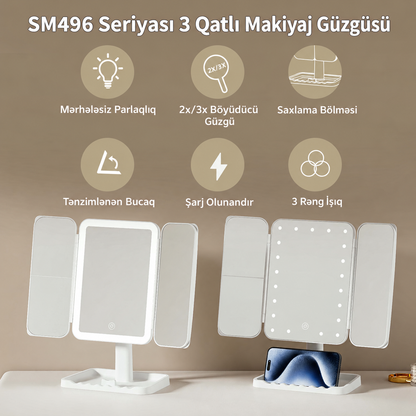 3 Hissəli LED Makiyaj Güzgüsü